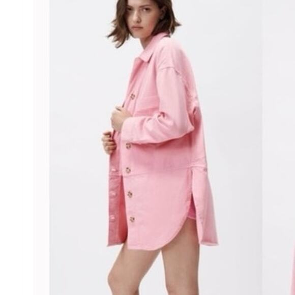 Zara Oversized Pink Denim Jacket Jean Shacket Button Front Medium - Picture 13 of 13